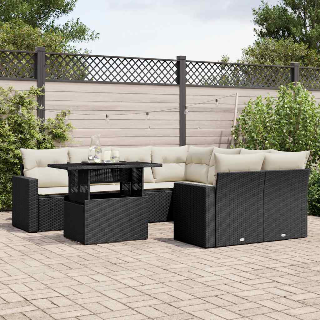 Set Divani da Giardino 9 pz con Cuscini Nero in Polyrattan - homemem39