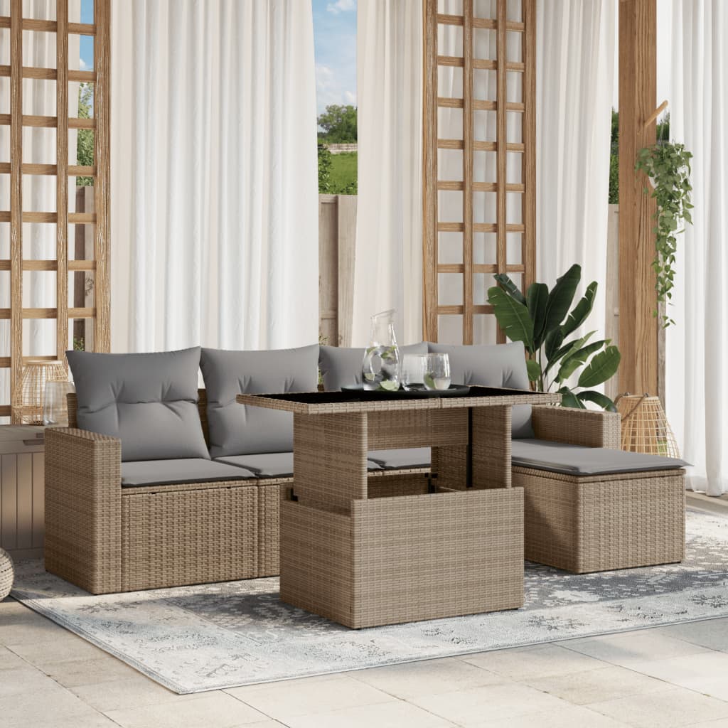 Set Divano da Giardino 6 pz con Cuscini Beige in Polyrattan - homemem39
