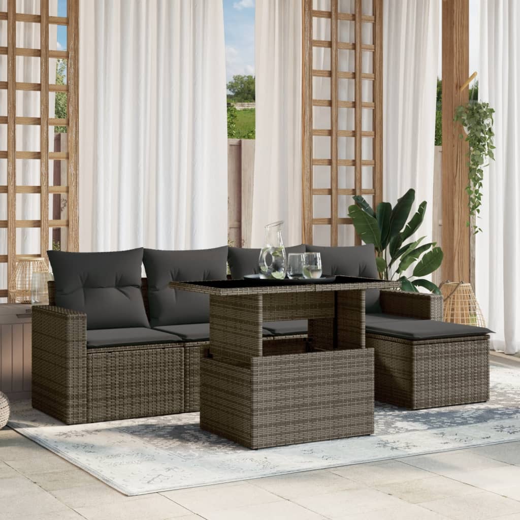 Set Divano da Giardino 6 pz con Cuscini Grigio in Polyrattan