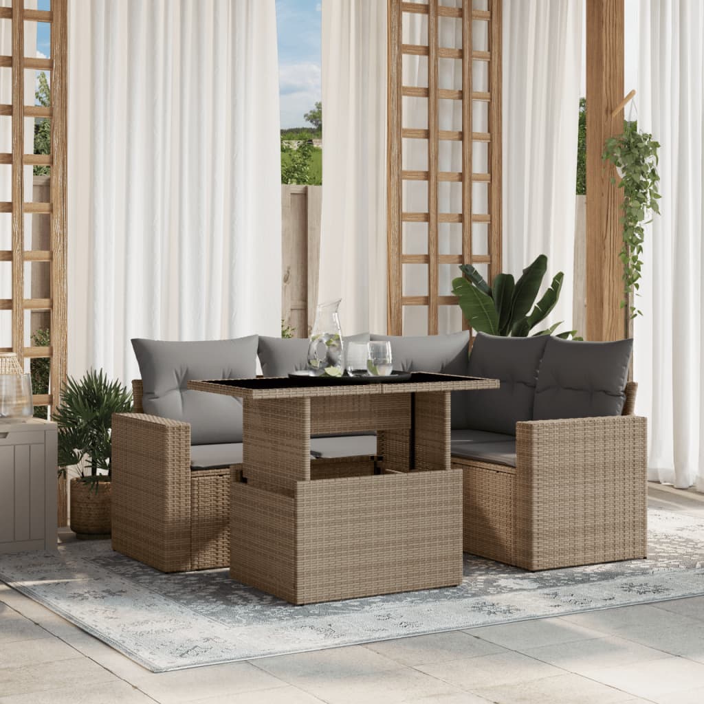 Set Divano da Giardino 5 pz con Cuscini Beige in Polyrattan - homemem39