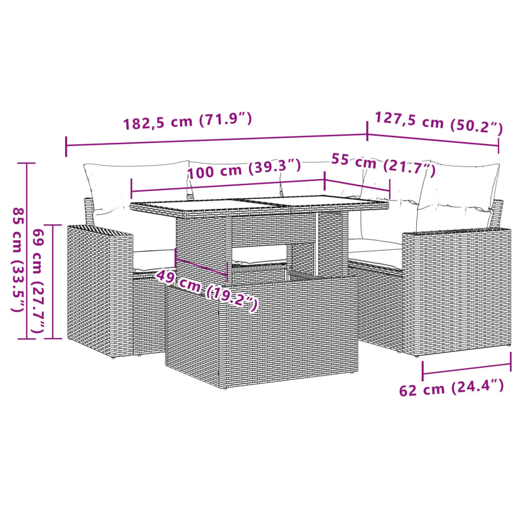 Set Divano da Giardino 5 pz con Cuscini Marrone in Polyrattan