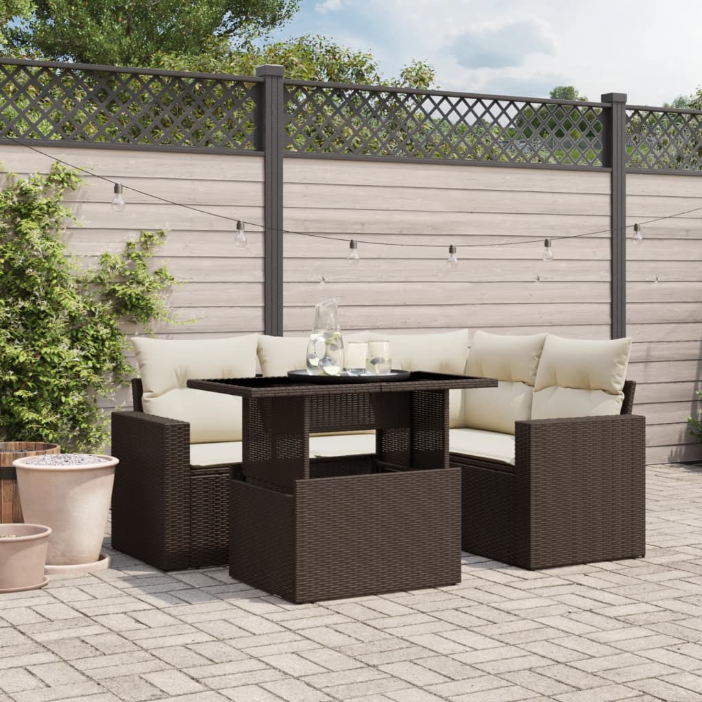 Set Divano da Giardino 5 pz con Cuscini Marrone in Polyrattan