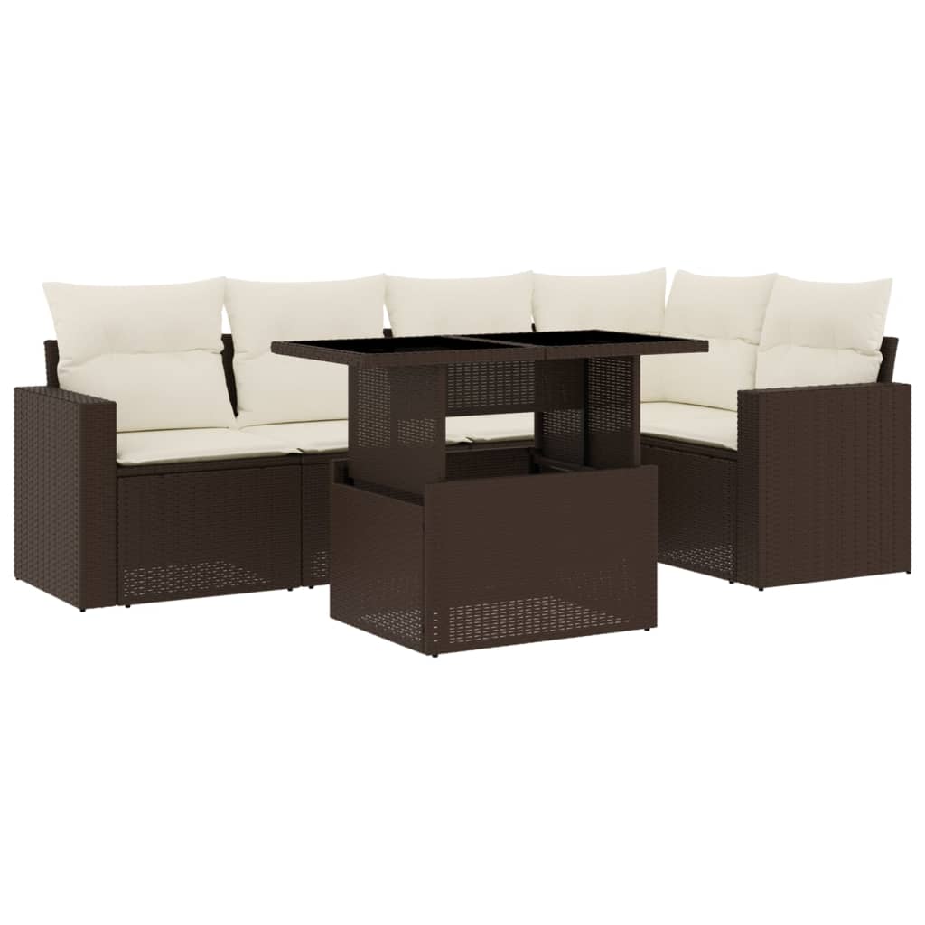 Set Divano da Giardino 6 pz con Cuscini Marrone in Polyrattan