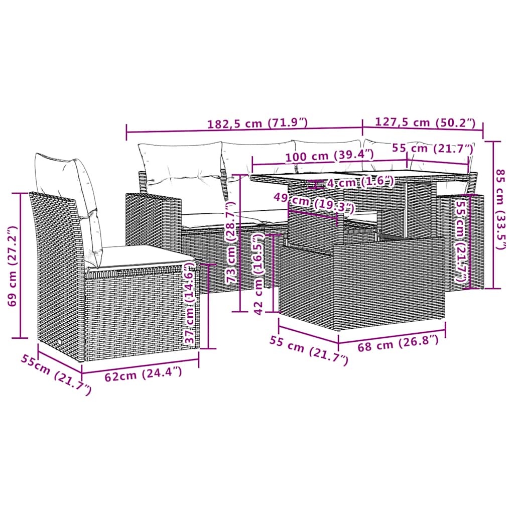 Set Divano da Giardino 6 pz con Cuscini Nero in Polyrattan | homemem39