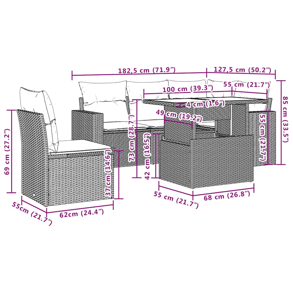 Set Divani da Giardino 6 pz con Cuscini Grigio in Polyrattan | homemem39