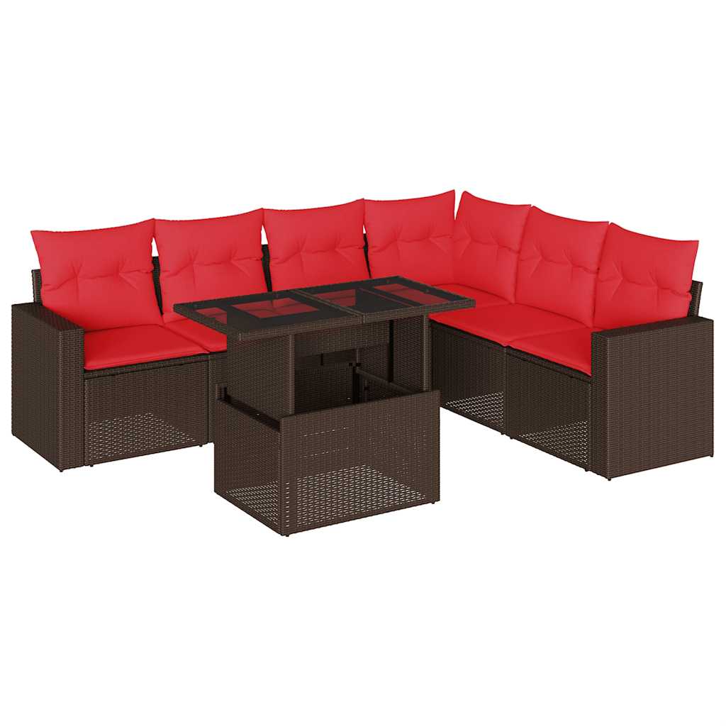 Set Divani da Giardino 7 pz con Cuscini Marrone in Polyrattan