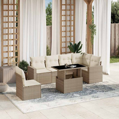 Set Divani da Giardino 7 pz con Cuscini Beige in Polyrattan