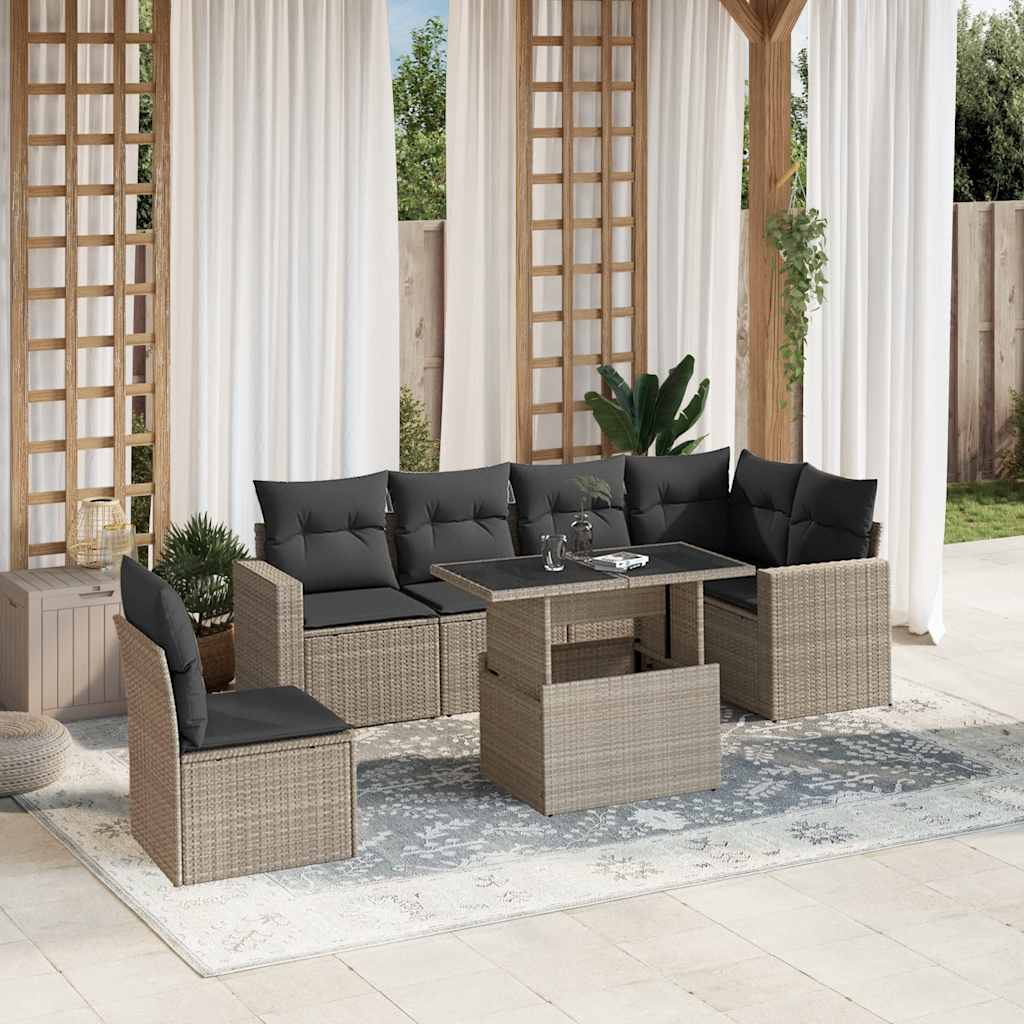 Set Divani da Giardino 7pz con Cuscini Grigio Chiaro Polyrattan