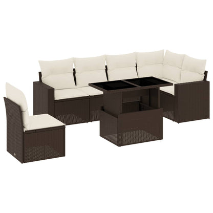 Set Divani da Giardino 7 pz con Cuscini Marrone in Polyrattan