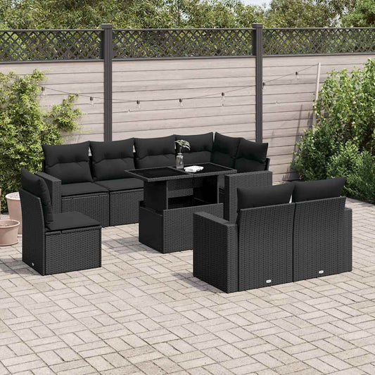 Set Divani da Giardino 9 pz con Cuscini Nero in Polyrattan - homemem39