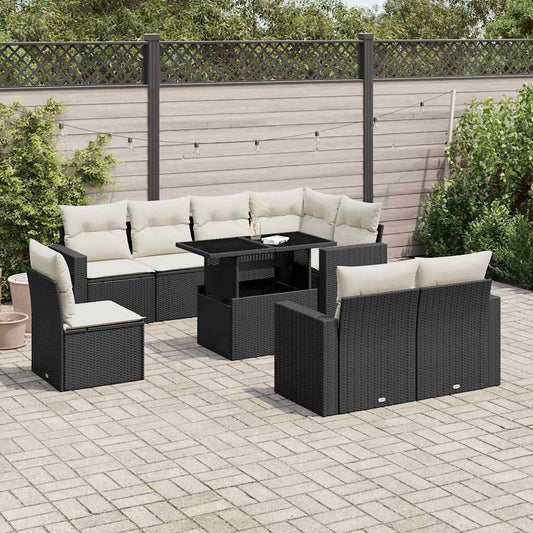 Set Divani da Giardino 9 pz con Cuscini Nero in Polyrattan - homemem39