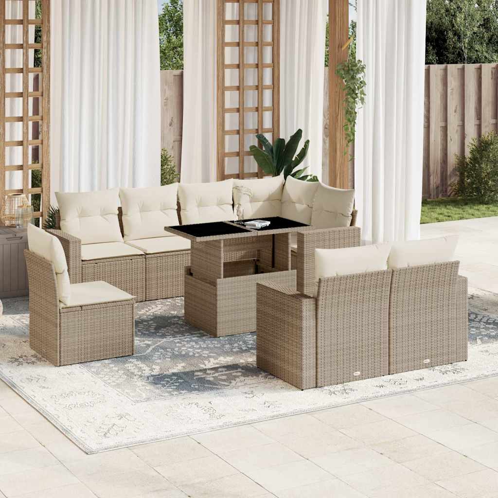 Set Divano da Giardino 9 pz con Cuscini Beige in Polyrattan - homemem39