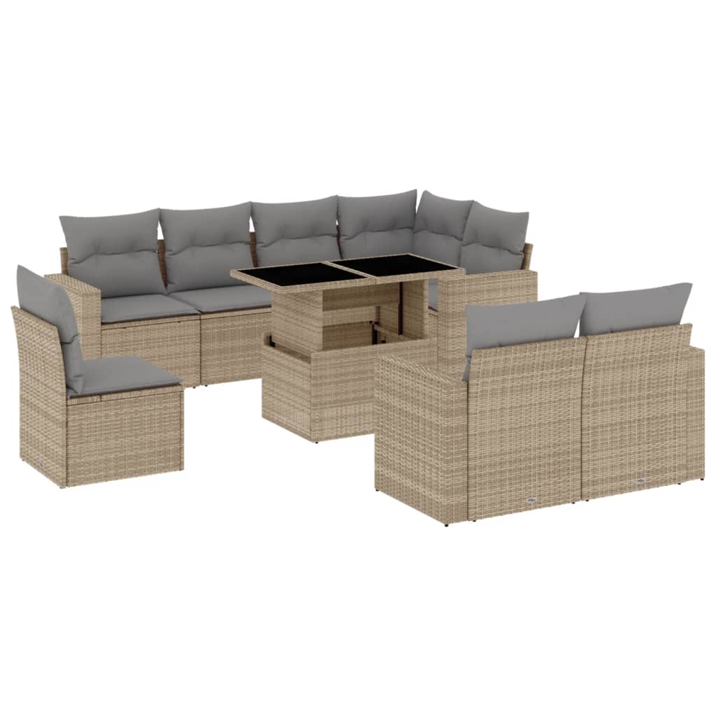 Set Divano da Giardino 9 pz con Cuscini Beige in Polyrattan - homemem39