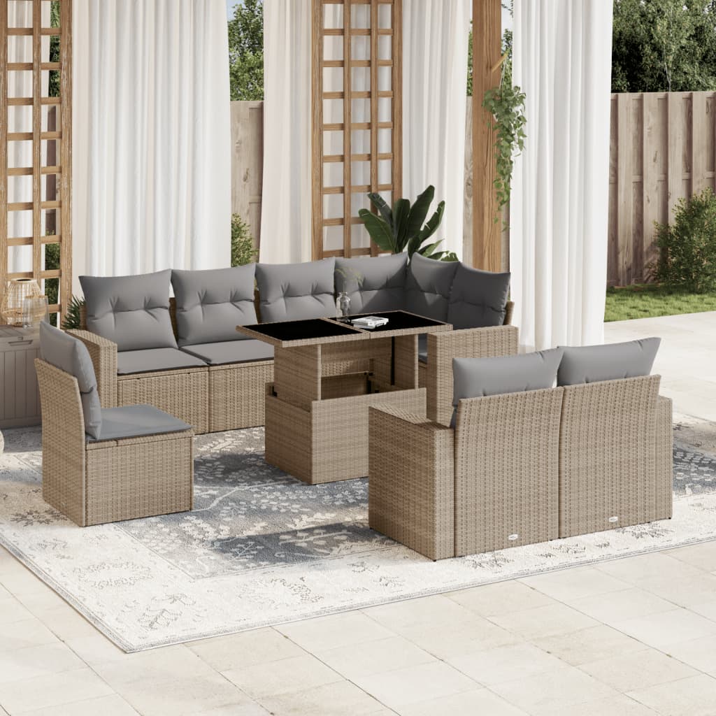 Set Divano da Giardino 9 pz con Cuscini Beige in Polyrattan - homemem39