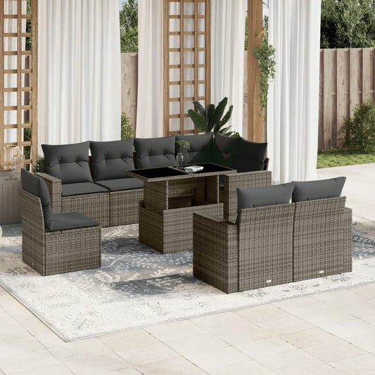 Set Divano da Giardino 9 pz con Cuscini Grigio in Polyrattan