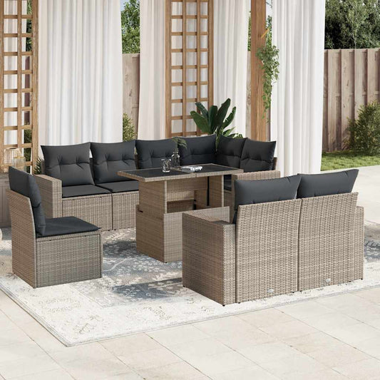 Set Divano da Giardino 9pz con Cuscini Grigio Chiaro Polyrattan