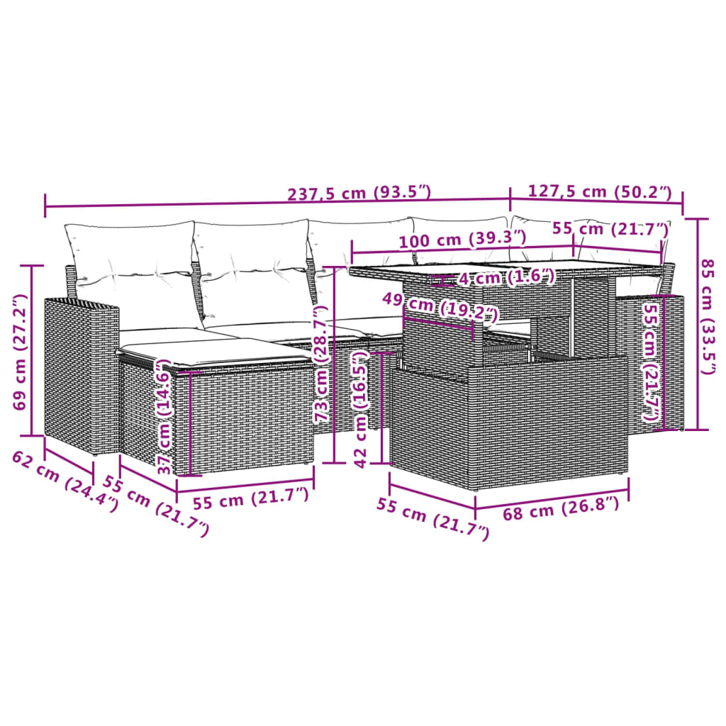 Set Divani da Giardino 7 pz con Cuscini Grigio in Polyrattan | homemem39