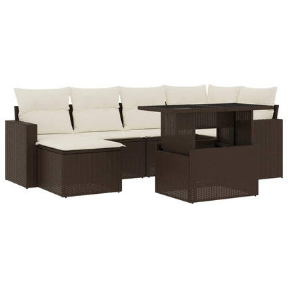 Set Divani da Giardino 7 pz con Cuscini Marrone in Polyrattan