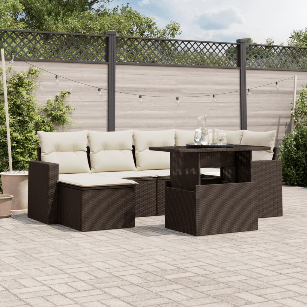 Set Divani da Giardino 7 pz con Cuscini Marrone in Polyrattan