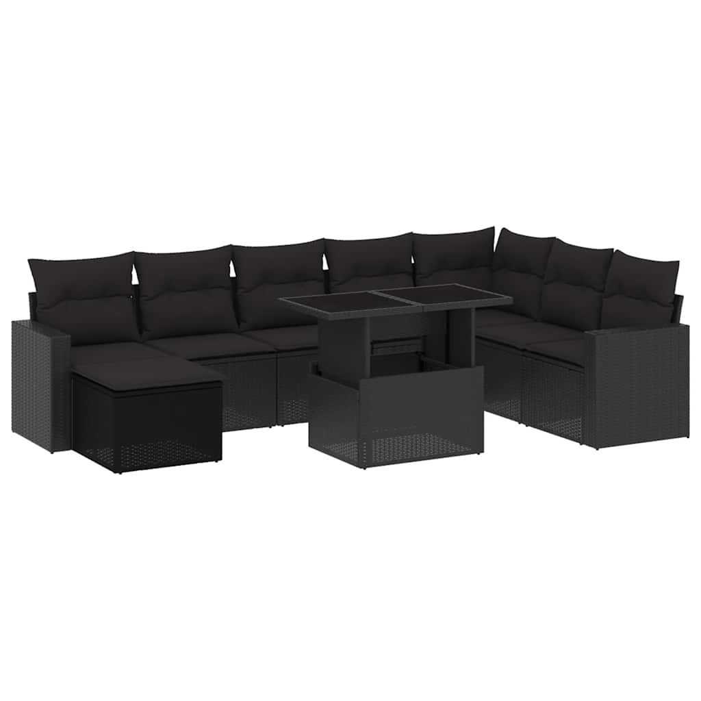 Set Divani da Giardino 9 pz con Cuscini Nero in Polyrattan - homemem39