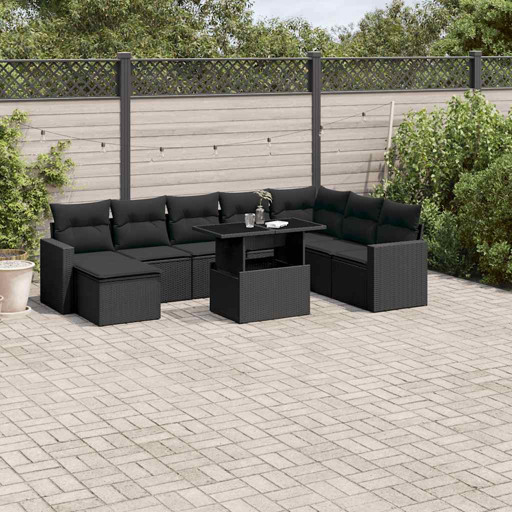 Set Divani da Giardino 9 pz con Cuscini Nero in Polyrattan - homemem39