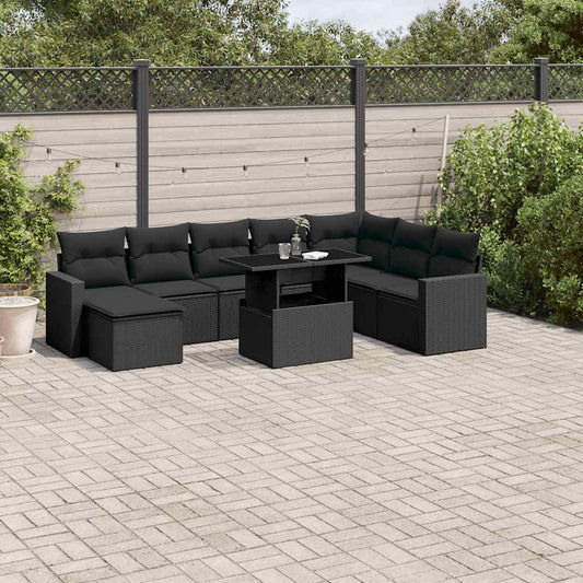 Set Divani da Giardino 9 pz con Cuscini Nero in Polyrattan - homemem39