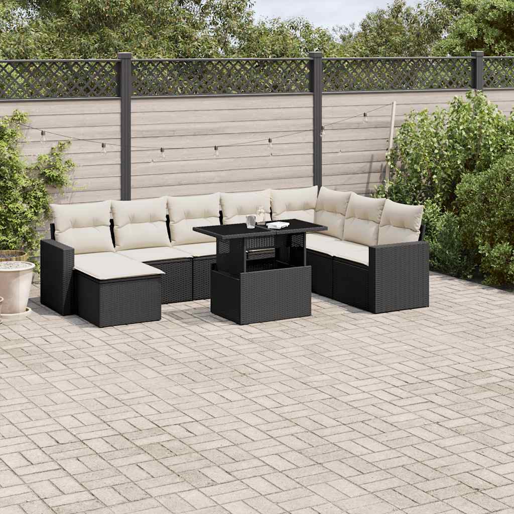Set Divani da Giardino 9 pz con Cuscini Nero in Polyrattan - homemem39