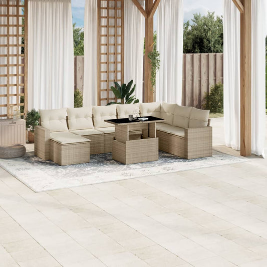 Set Divano da Giardino 9 pz con Cuscini Beige in Polyrattan