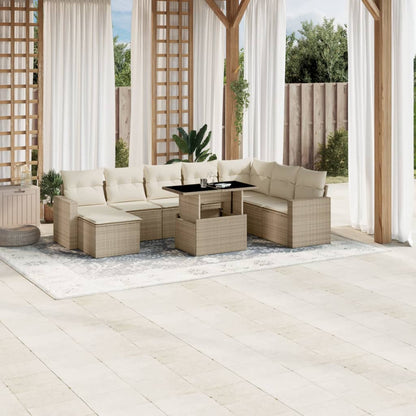 Set Divano da Giardino 9 pz con Cuscini Beige in Polyrattan