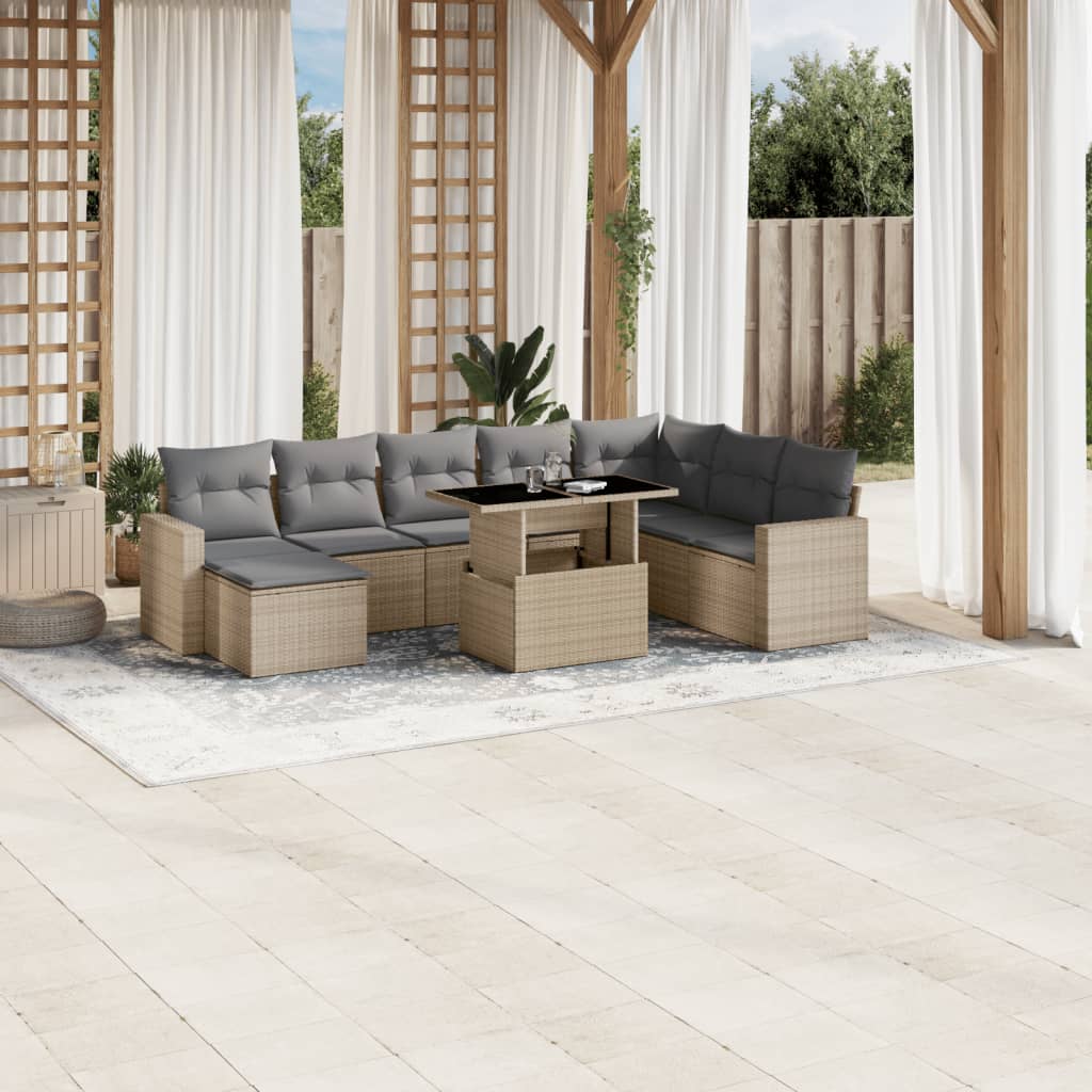 Set Divano da Giardino 9 pz con Cuscini Beige in Polyrattan - homemem39