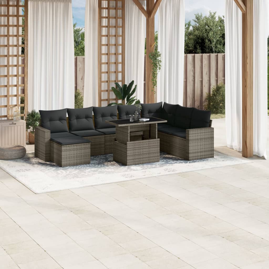 Set Divano da Giardino 9 pz con Cuscini Grigio in Polyrattan - homemem39