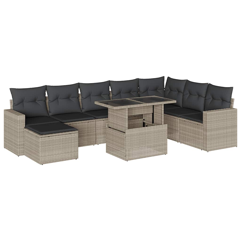 Set Divano da Giardino 9pz con Cuscini Grigio Chiaro Polyrattan | homemem39