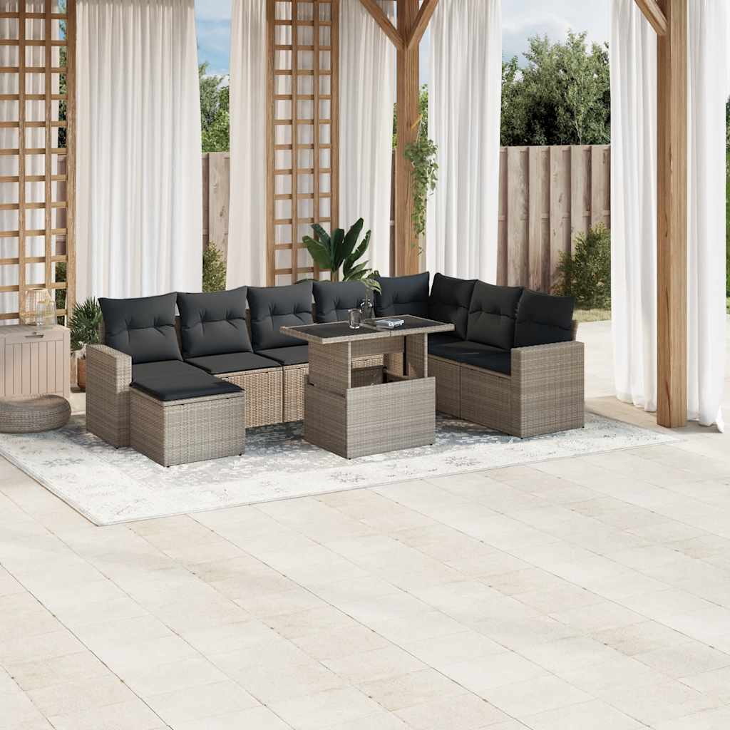 Set Divano da Giardino 9pz con Cuscini Grigio Chiaro Polyrattan | homemem39