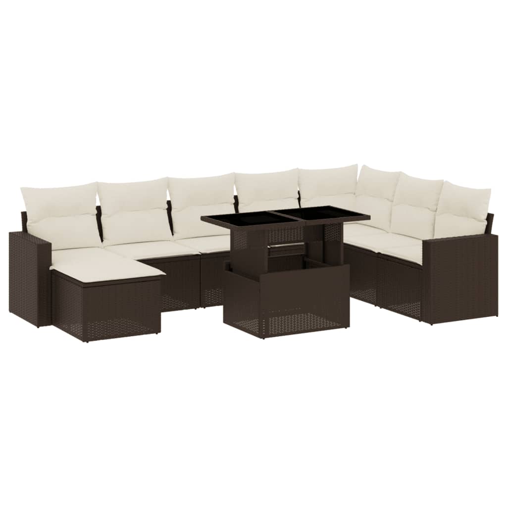 Set Divani da Giardino 9pz con Cuscini Marrone in Polyrattan