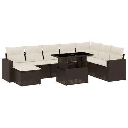 Set Divani da Giardino 9pz con Cuscini Marrone in Polyrattan