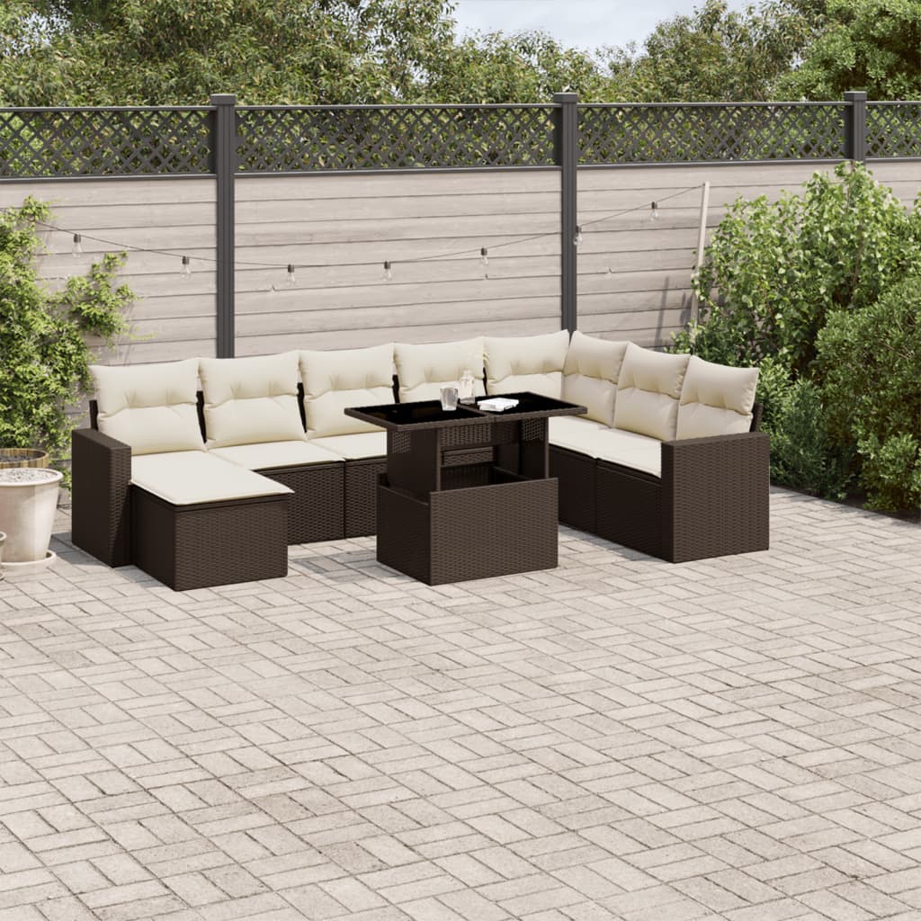 Set Divani da Giardino 9pz con Cuscini Marrone in Polyrattan