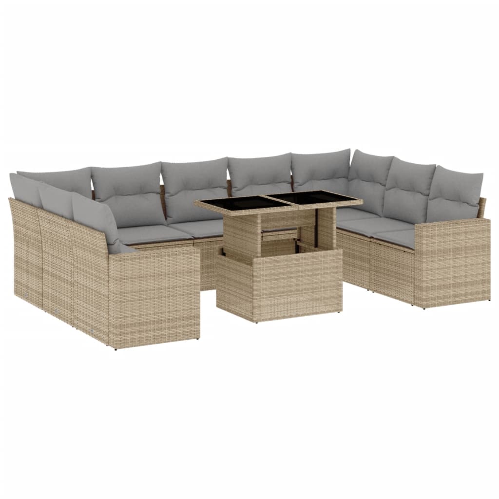 Set Divano da Giardino 10 pz con Cuscini Beige in Polyrattan