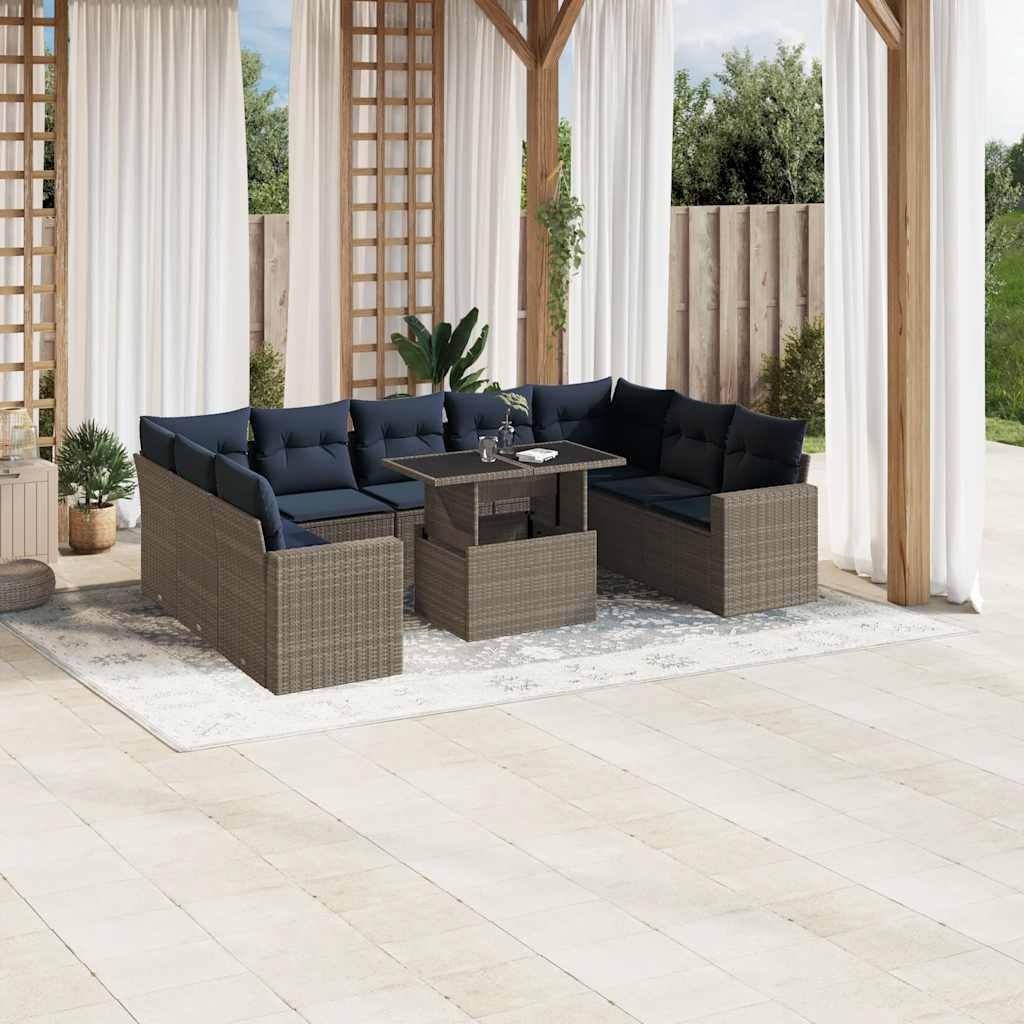 Set Divani da Giardino 10 pz con Cuscini Grigio in Polyrattan | homemem39
