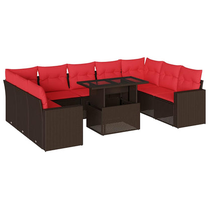 Set Divani da Giardino 10 pz con Cuscini Marrone in Polyrattan