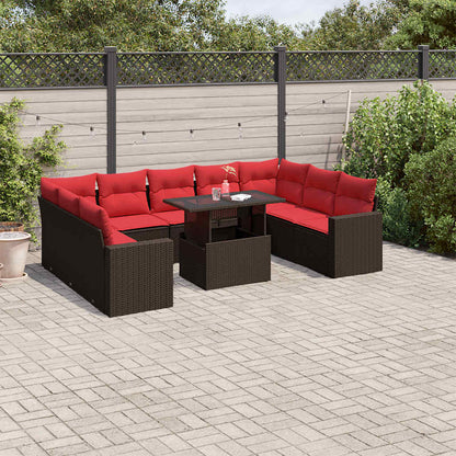 Set Divani da Giardino 10 pz con Cuscini Marrone in Polyrattan
