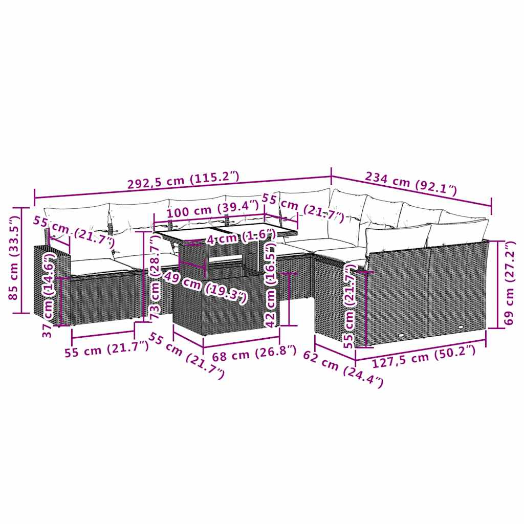 Set Divano da Giardino 10 pz con Cuscini Beige in Polyrattan - homemem39