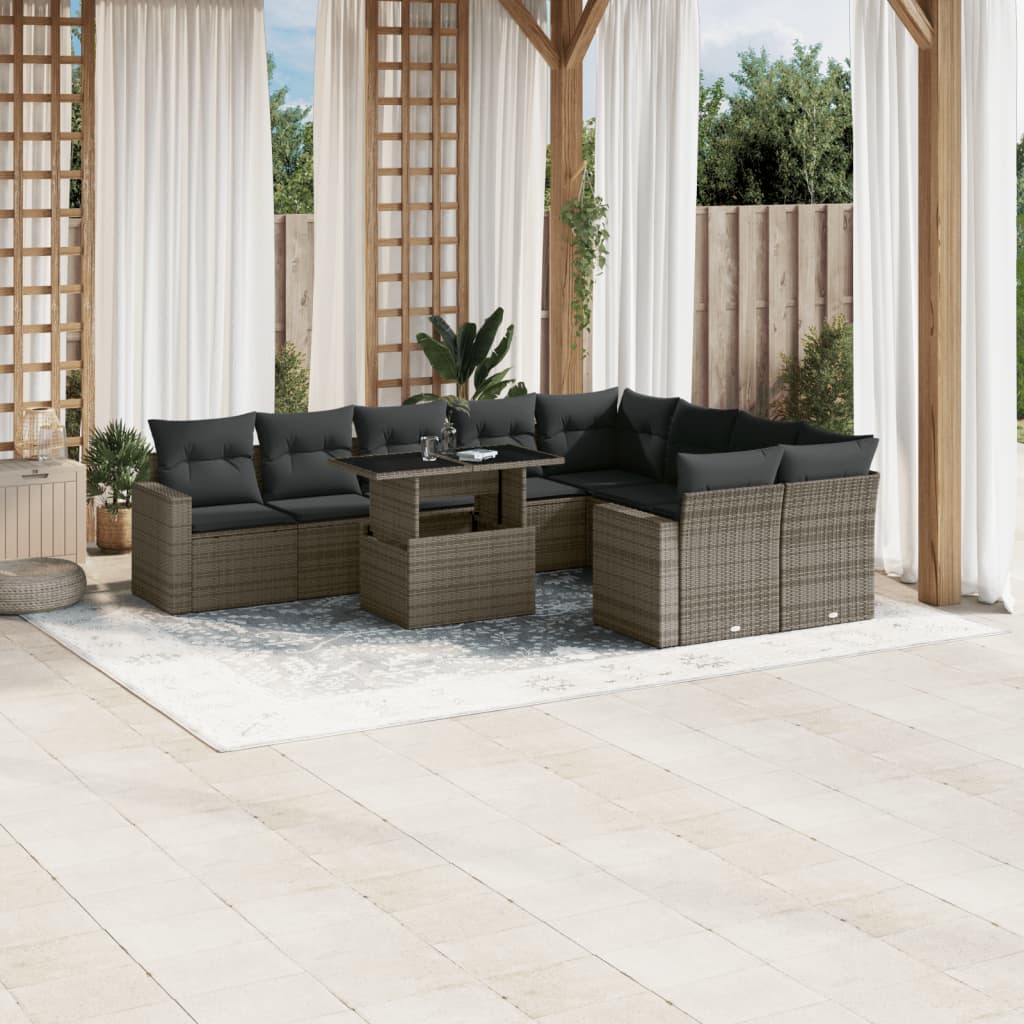 Set Divano da Giardino 10 pz con Cuscini Grigio in Polyrattan - homemem39
