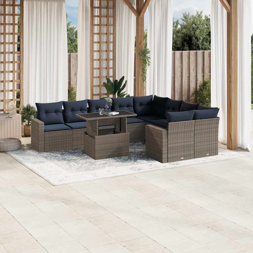 Set Divani da Giardino 10 pz con Cuscini Grigio in Polyrattan | homemem39