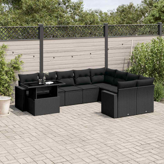 Set Divani da Giardino 10pz con Cuscini in Polyrattan Nero - homemem39