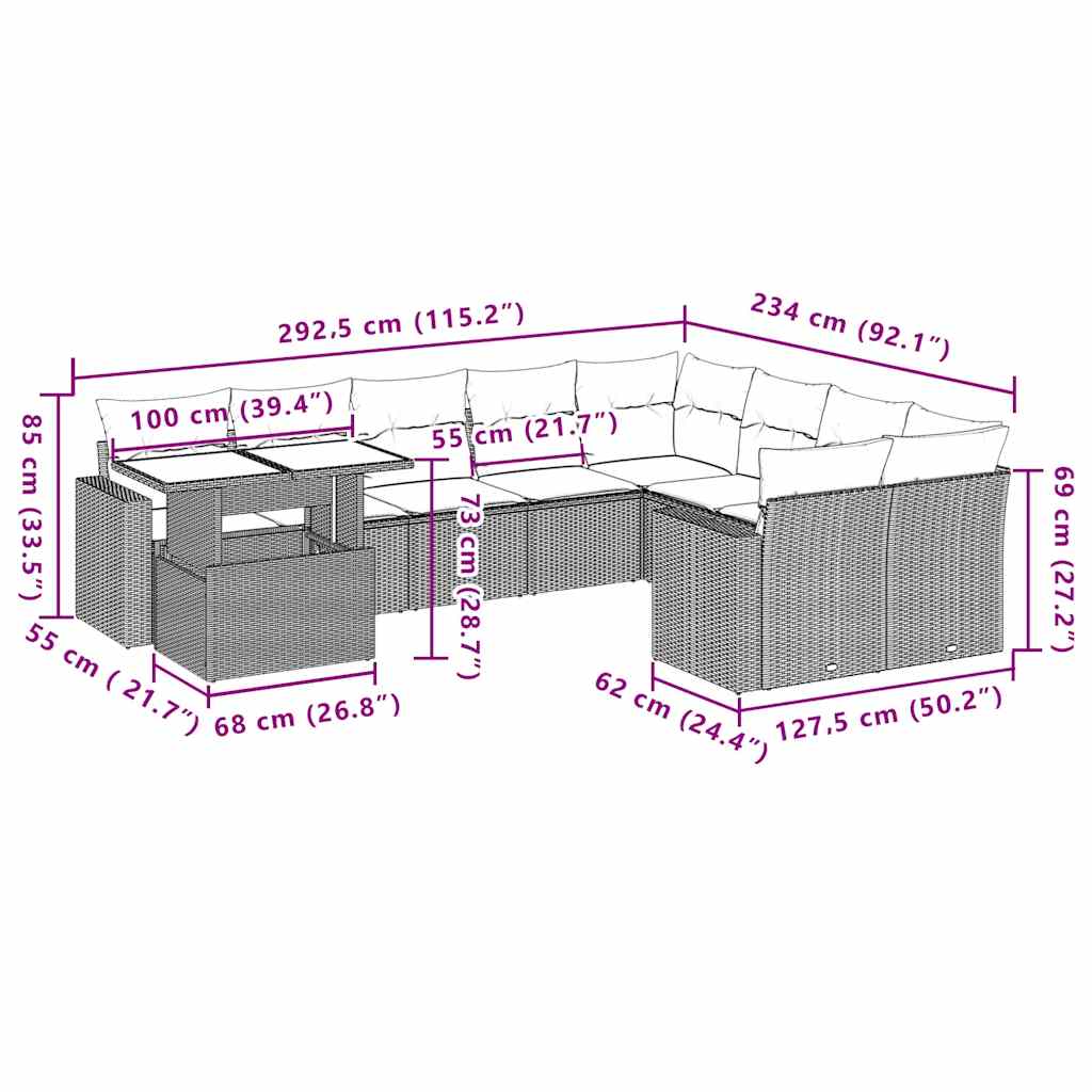 Set Divani da Giardino 10pz con Cuscini in Polyrattan Nero | homemem39
