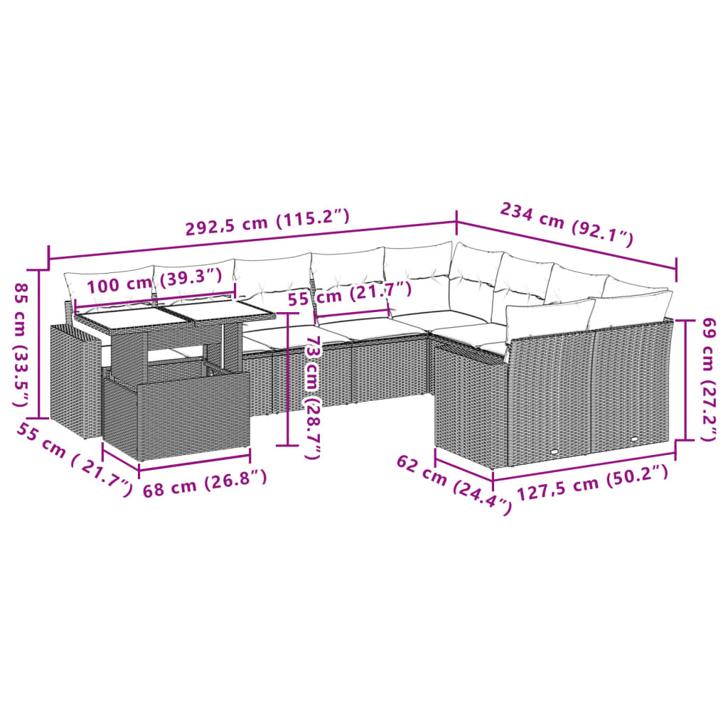 Set Divano da Giardino 10 pz con Cuscini Grigio in Polyrattan