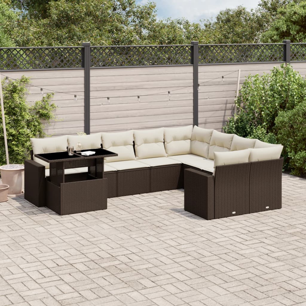 10pc Garden Sofa Set with Brown Polyrattan Cushions