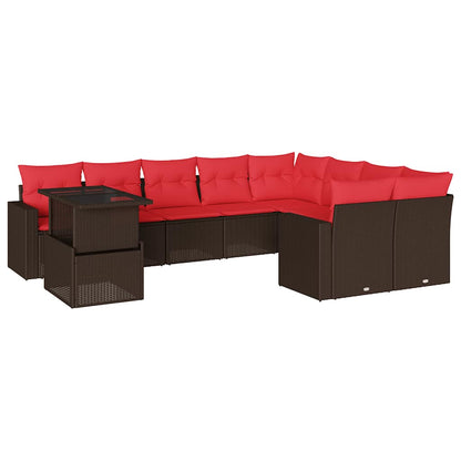 Set Divani da Giardino 10 pz con Cuscini Marrone in Polyrattan