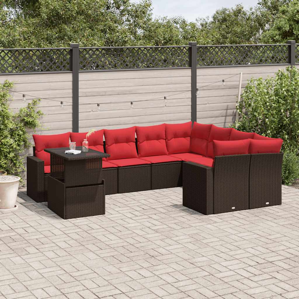 Set Divani da Giardino 10 pz con Cuscini Marrone in Polyrattan