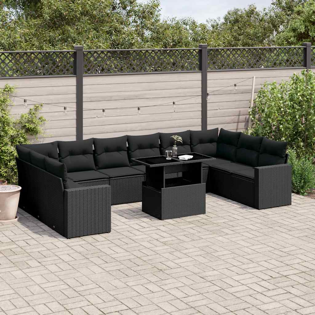 Set Divani da Giardino 11 pz con Cuscini in Polyrattan Nero - homemem39